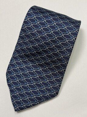 HERMES Dark Blue White Wavy Pattern Print Silk Tie